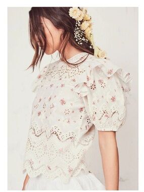 Love Shack Fancy Tilda Embroidered Top in French Cream Size Large